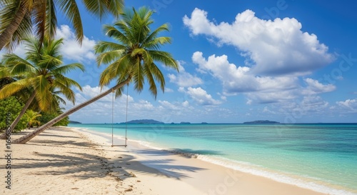 A serene tropical beach with palm trees, a swing, and clear turquoise waters under a blue sky with fluffy clouds.