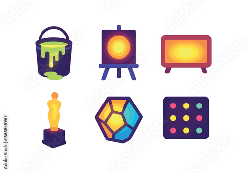 vector colorful flat filled icons glow (creative): glowing paint backlit canvas lightbox illuminated sculpture reflective glass art LED patterns.