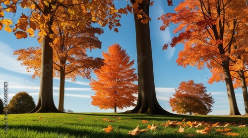 Golden and crimson leaves paint a vivid picture across a grove of autumn trees.