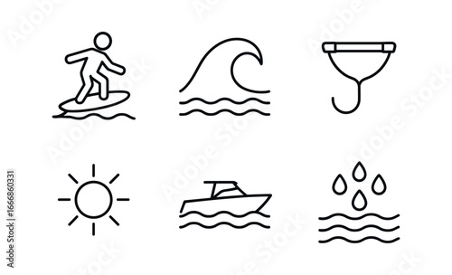 vector outline icons wakesurfing (wave ride): surfer on board wake wave rope handle bright sun boat water spray.