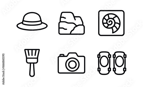 vector outline icons paleontologist (desert dig): sun hat rock wall fossil imprint dust brush camera knee pads.