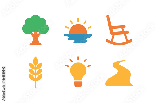 vector colorful flat filled icons mature years (symbols): oak tree sunset rocking chair golden wheat warm light path.