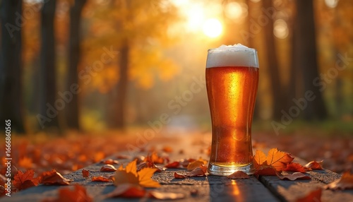 Fototapeta Naklejka Na Ścianę i Meble -  Glass of cold beer sits on wooden surface surrounded by fallen autumn leaves. Warm sunset light shines through trees, creating golden glow. Perfect for promoting seasonal drinks, Oktoberfest, fall