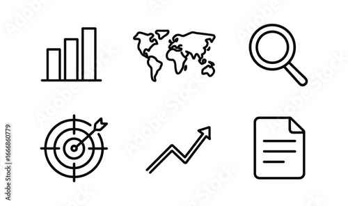 vector outline icons investor pitch deck (market analysis): bar chart world map magnifier target icon trend arrow document.