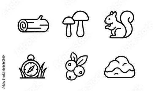 vector outline icons hidden object quest (forest): fallen log mushrooms squirrel hidden compass berries mossy rock.