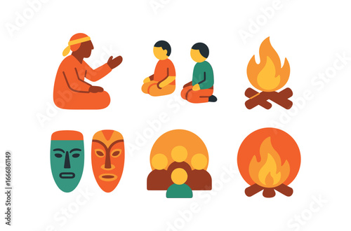 vector colorful flat filled icons local customs event (storytelling): elder speaking children seated fire pit carved masks audience warm glow.