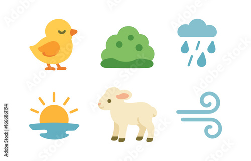 vector colorful filled icons gentleness (nature): baby bird soft moss gentle rain sunrise lamb breeze.