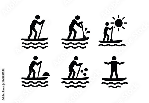vector solid black filled icons paddleboarding (ocean waves): surfer stance spray sun glare horizon foam balance.