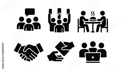 vector solid black filled icons fair mindedness (daily life): team discussion voting shared meal handshakes exchange of notes group work.