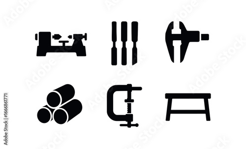 vector solid black filled icons spindle maker (tools): lathe chisels calipers wood blanks clamps bench.