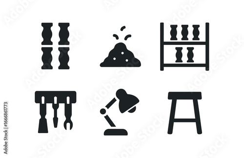 vector solid black filled icons spindle maker (workshop): stacks of spindles wood dust shelves tool rack lamp stool.