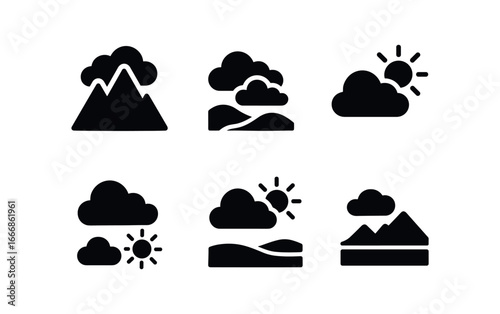 vector solid black filled icons passing clouds season (mountain): peaks rolling shadows shifting light crisp air patches of sun open view.