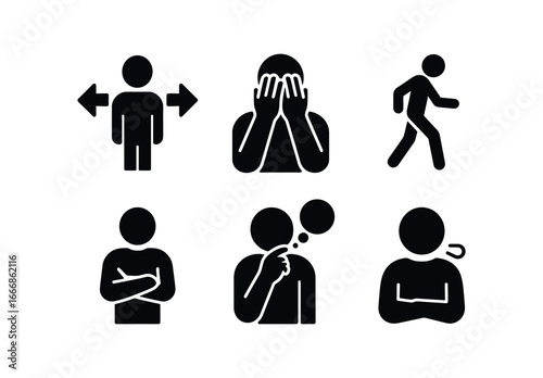 vector solid black filled icons inner conflict (daily life): person with two letters hands over face pacing figure crossed arms deep thought sigh.