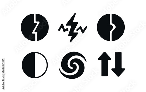vector solid black filled icons inner conflict (abstract): clashing colors jagged lines opposing shapes dark and light halves swirling motion tension.