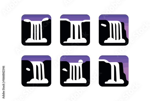 vector solid black filled icons waterfall (twilight): icy flow in purple light shadows on cliff snow patches glowing horizon crisp air soft silence.