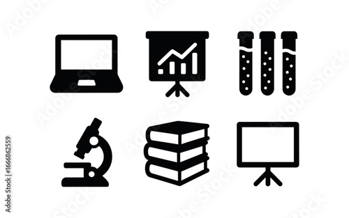 vector solid black filled icons coastal geographer (lab): computer charts sediment samples microscope books whiteboard.