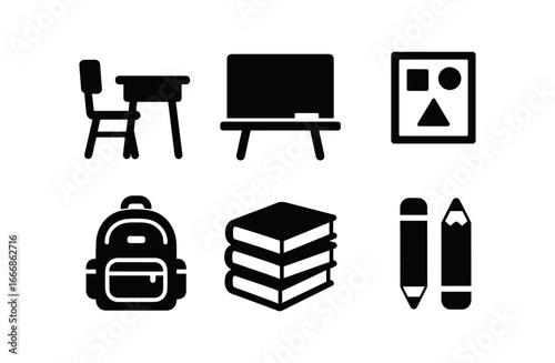vector solid black filled icons late elementary stage (classroom): desks chalkboard colorful posters backpacks books pencils.