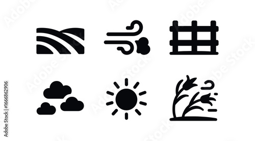 vector solid black filled icons wind swept season (plains): rolling fields dust trail fence line scattered clouds sun bending plants.