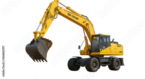 Yellow wheeled excavator with extended hydraulic arm and full digging bucket of earth on a blurred construction site in natural daylight. Concept of industrial development