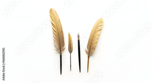 Elegantly styled golden feather quills and fountain pen against clean white background