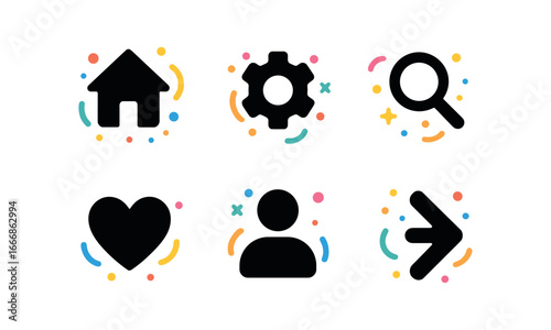 vector solid black filled icons whimsy (abstract): curved lines bright colors scattered shapes dots swirls soft glow.