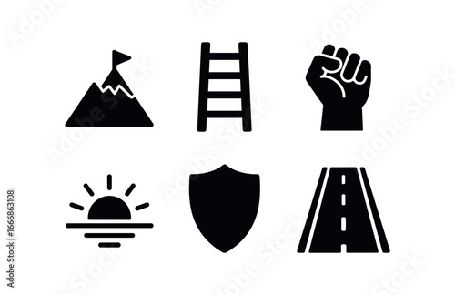 vector solid black filled icons perseverance (symbols): mountain peak ladder clenched fist sunrise shield road.