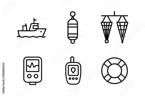 vector outline icons oceanographer (research vessel): boat deck water sampler nets data loggers GPS device life ring.