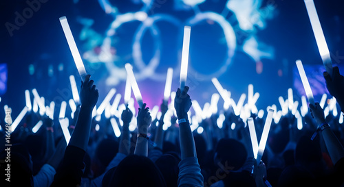 Enthusiastic crowd waving illuminated sticks at a vibrant concert performance