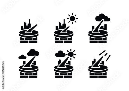vector solid black filled icons sundial (rooftop): metal dial brick parapet city skyline sunlight clouds angled light.