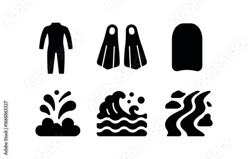 vector solid black filled icons riverboarding (rapid run): wetsuit fins bodyboard spray whitewater rushing river.