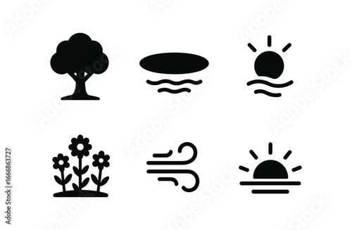 vector solid black filled icons humility (nature): lone tree still lake soft light wildflower field breeze sunrise.