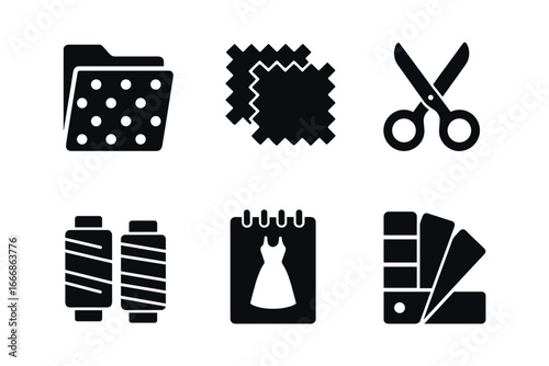 vector solid black filled icons clip file (creative studio): patterned folders fabric swatches scissors thread rolls sketchpad color chart.