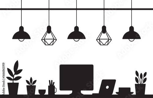 Silhouette Of A Desk With Computer And Plants Under Pendant Lights office workspace