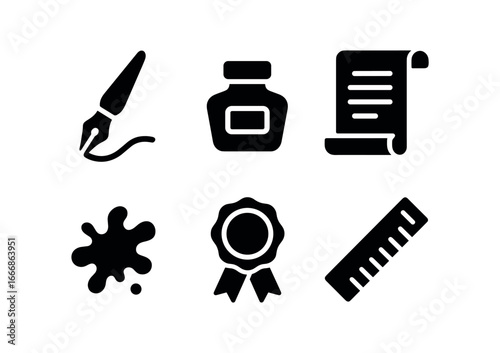 vector solid black filled icons ink pen (calligraphy): flowing script ink bottle parchment blotting paper wax seal ruler.