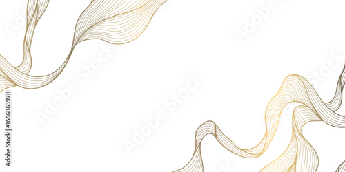 Vector abstract wave golden background, line curve design banner. Luxury glitter water, dynamic elements, japanese sea ornament, flow corners ornament.