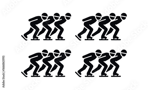 vector solid black filled icons speed skating (team pursuit): three skaters same pace arms behind coordinated helmets smooth motion.