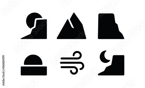 vector solid black filled icons escarpment (sunset): orange glow sharp ridge dark shadows warm air stillness fading light.