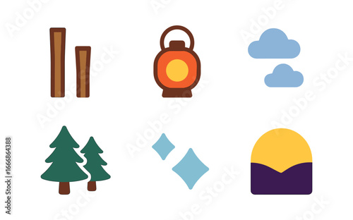 vector colorful filled icons lantern parade (mountain trail): wooden poles glowing lanterns mist pine trees cool air horizon glow.