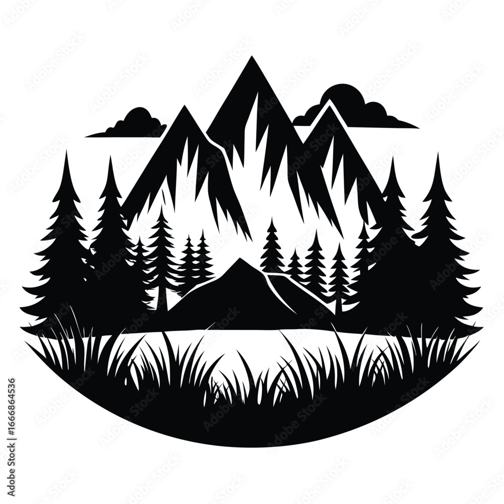 Obraz premium Black Silhouette Landscape Mountains, Trees, Grass, and Clouds in Minimalist Design