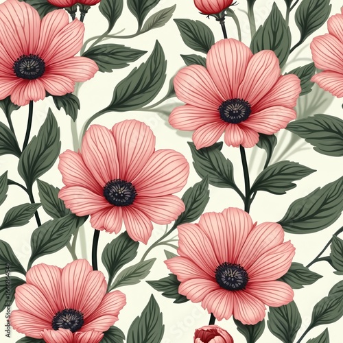 Wallpaper Mural Elegant seamless pattern features vibrant pink flowers with dark centers, surrounded by rich green leaves on light background. Floral design evokes natural beauty, spring freshness, perfect for Torontodigital.ca