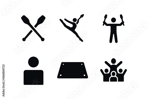 vector solid black filled icons rhythmic gymnastics (clubs): two clubs leap extended arms bright colors floor mat cheering crowd.