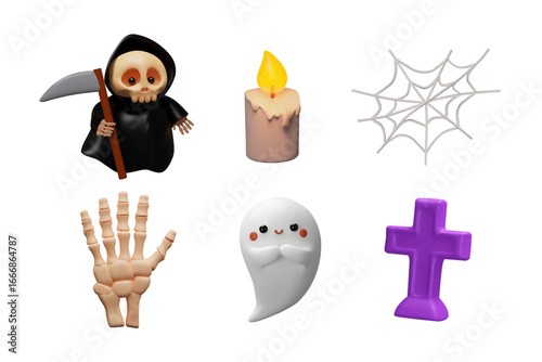 A cute 3D Halloween set a grim reaper with scythe, a glowing candle, a spider web, a skeleton hand, a ghost, a purple cross. Designs, spooky party invitations, posters, banners, holiday decorations.