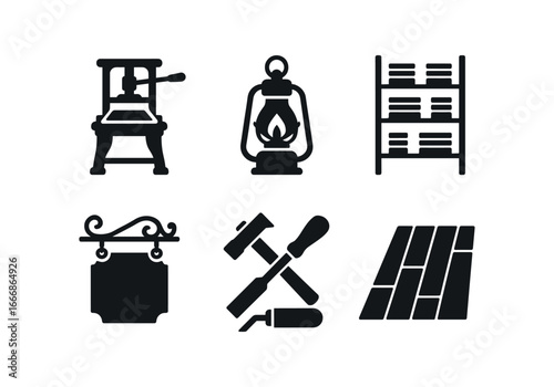 vector solid black filled icons letterpress printer (historic shop): cast iron press lantern shelves vintage signage old tools wooden floor.