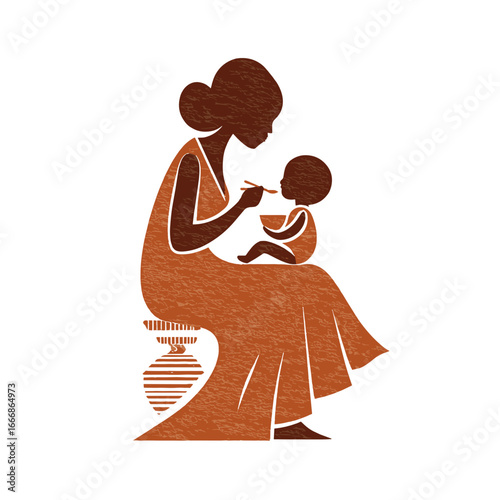 Mother feeding baby while sitting on a jar in a warm setting  