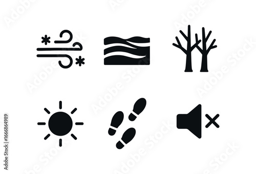 vector solid black filled icons drift (water): floating leaves slow current reeds ripples sunlight calm air.