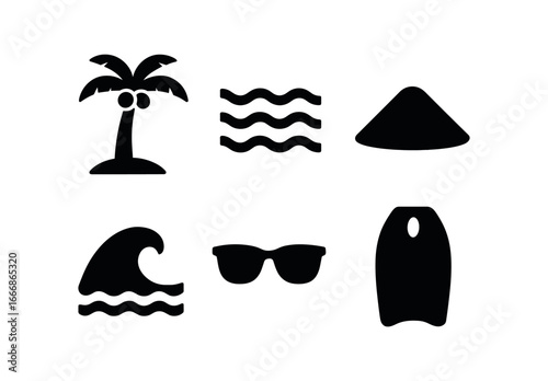 vector solid black filled icons bodyboarding (tropical): palm trees turquoise water warm sand gentle wave sunglasses board.