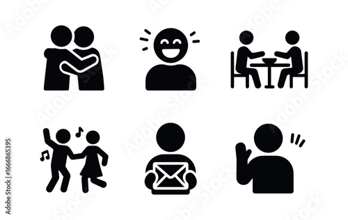 vector solid black filled icons heartfelt joy (daily life): hug laughter shared meal dancing receiving letter waving.