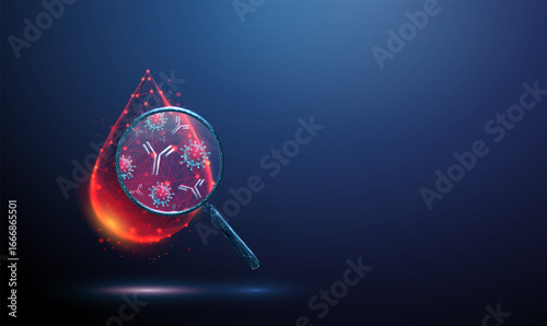 Drop of blood under a magnifying glass with viruses and antibodies inside Immune response, infectious disease testing, serology, blood diagnostics, medical research concept