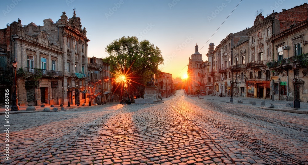 Naklejka premium Sunrise on a cobblestone street. Old buildings line the road