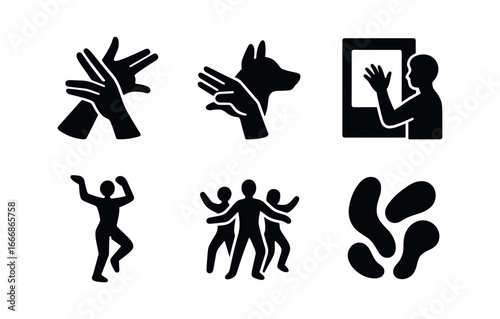 vector solid black filled icons shadow dancing (creative): hand shadows animal shapes wall projection playful movements layered lights abstract forms.
